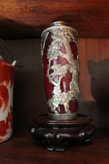 Heirloom Red Glass Vase with Metalwork 